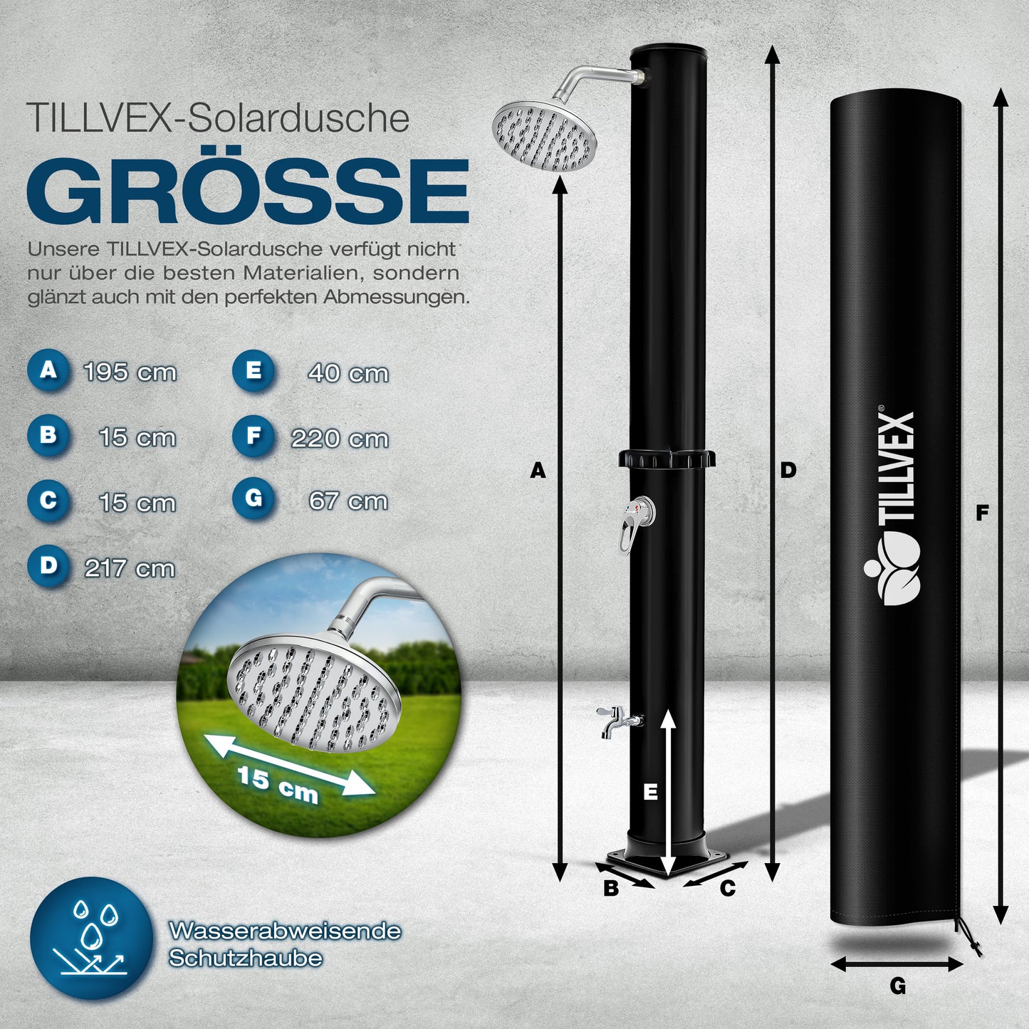 tillvex® Solardusche 20 - 60 Liter inkl. Abdeckung Solar Gartendusche Solar für draußen Pooldusche Komplettset warmes Wasser Camping ohne Stromanschluss mit Wasserhahn Gartenschlauch-Anschluss