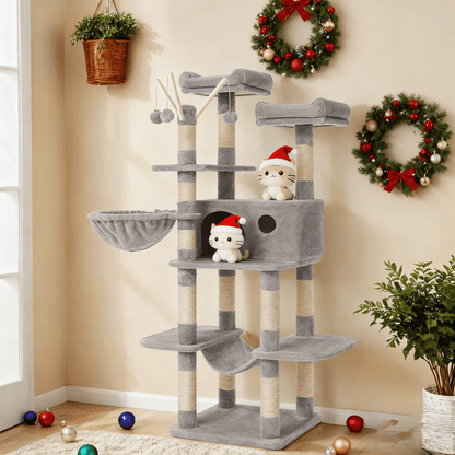 Katzenklettergerüst XXL 164cm hoch einem Kippschutz，Kratzbaum, Katzenbaum, Katzenkratzbaum, mit Plüschbällen, Kratzsäulen, Plattformen, Hängematte, Höhle,Stabiles Und Langlebiges ,Einfache Montage,für Wohnungskatzen die gerne klettern und hoch hinaus woll