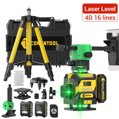 CONENTOOL A 16-Linien-Laser-Wasserwaage-Set, 360° Selbstnivellierung, 4X360° Grünes Kreuzfeuer-Laser-Wasserwaage, Geeignet für Bau und zum Aufhängen von Gemälden, 4D Laser-Wasserwaage, Inklusive zwei 2400mAh/3600mAh USB-wiederaufladbaren Batterien