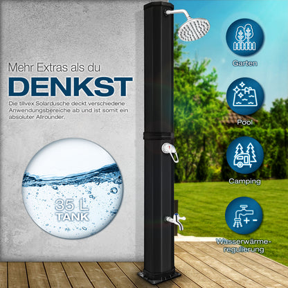tillvex® Solardusche 20 - 60 Liter inkl. Abdeckung Solar Gartendusche Solar für draußen Pooldusche Komplettset warmes Wasser Camping ohne Stromanschluss mit Wasserhahn Gartenschlauch-Anschluss