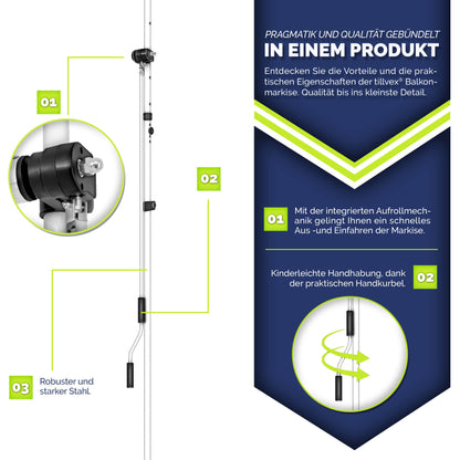 tillvex® Klemmmarkise Balkon mit Handkurbel | Balkonmarkise ohne Bohren | Markise UV-beständig & höhenverstellbar | Sonnenschutz Terrasse Wasserfest