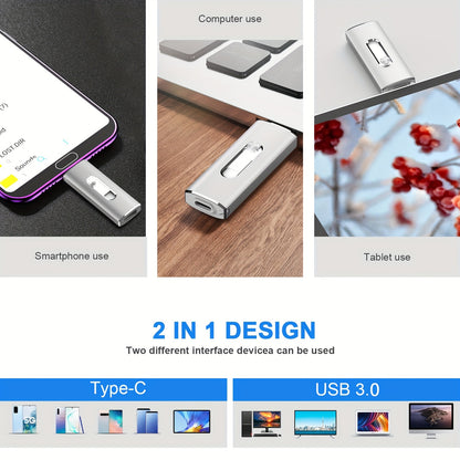 256GB/128GB/64GB/32GB USB-Stick, Speicherstick, Jump-Drive, Pen-Drive, 256GB USB 3.0 Typ-C, versenkbare kappenlose Dual-USB-OTG-USB-Sticks