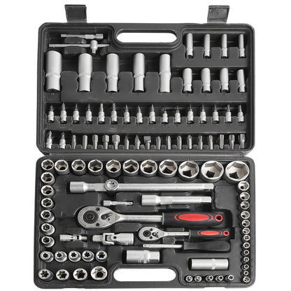 108/11-teiliges Schraubenschlüssel-Set aus Kohlenstoffstahl mit Ratschenschlüssel-Stecknuss, metrisch, Verlängerungsstange, für Auto, Fahrradreparatur und Haushaltsgebrauch, beschichtete Struktur, vormontiert, manuell, inklusive Aufbewahrungsbox, Werkzeug