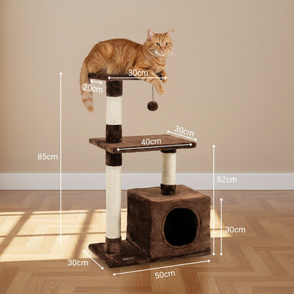 belviona Kratzbaum 85 cm hoch, mit Höhle, Sisalstämmen zur Krallenpflege, 2 Liegeflächen, Plüschball mit Glöckchen, kompakt, stabil, geeignet für kleine und große Katzen