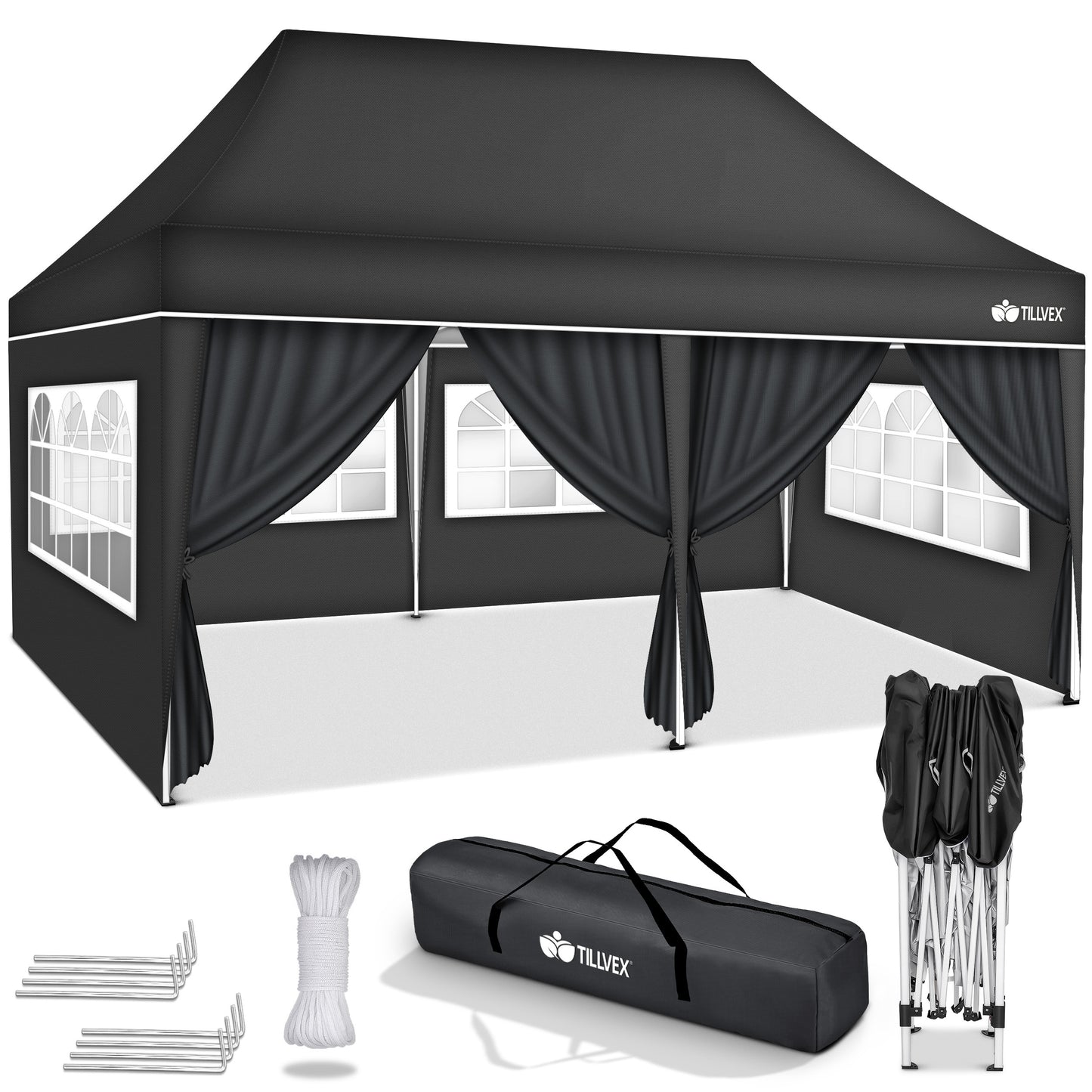 tillvex® Pavillon 3x6m Faltbar + 6x Sandsäcke | Pop-Up Faltpavillon Höhenverstellbar, Winterfest | Gartenzelt Stabil mit und ohne Seitenwänden UV Schutz 50+ | Partyzelt Wasserdicht mit Tasche für Garten