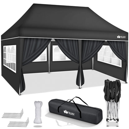 tillvex® Pavillon 3x6m Faltbar + 6x Sandsäcke | Pop-Up Faltpavillon Höhenverstellbar, Winterfest | Gartenzelt Stabil mit und ohne Seitenwänden UV Schutz 50+ | Partyzelt Wasserdicht mit Tasche für Garten