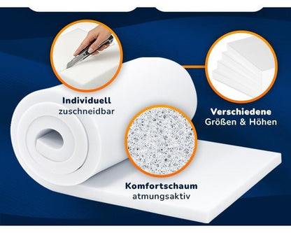 Matratzenauflage & Universelle Schaumstoffplatte (2-15 cm Höhe) – 40/60/80/90/140/160x200 cm & weitere Größen – Polsterschaum für DIY, Betten, Sitzbank, Wohnmobil & Garten – Formstabil & Atmungsaktiv – Made in Germany