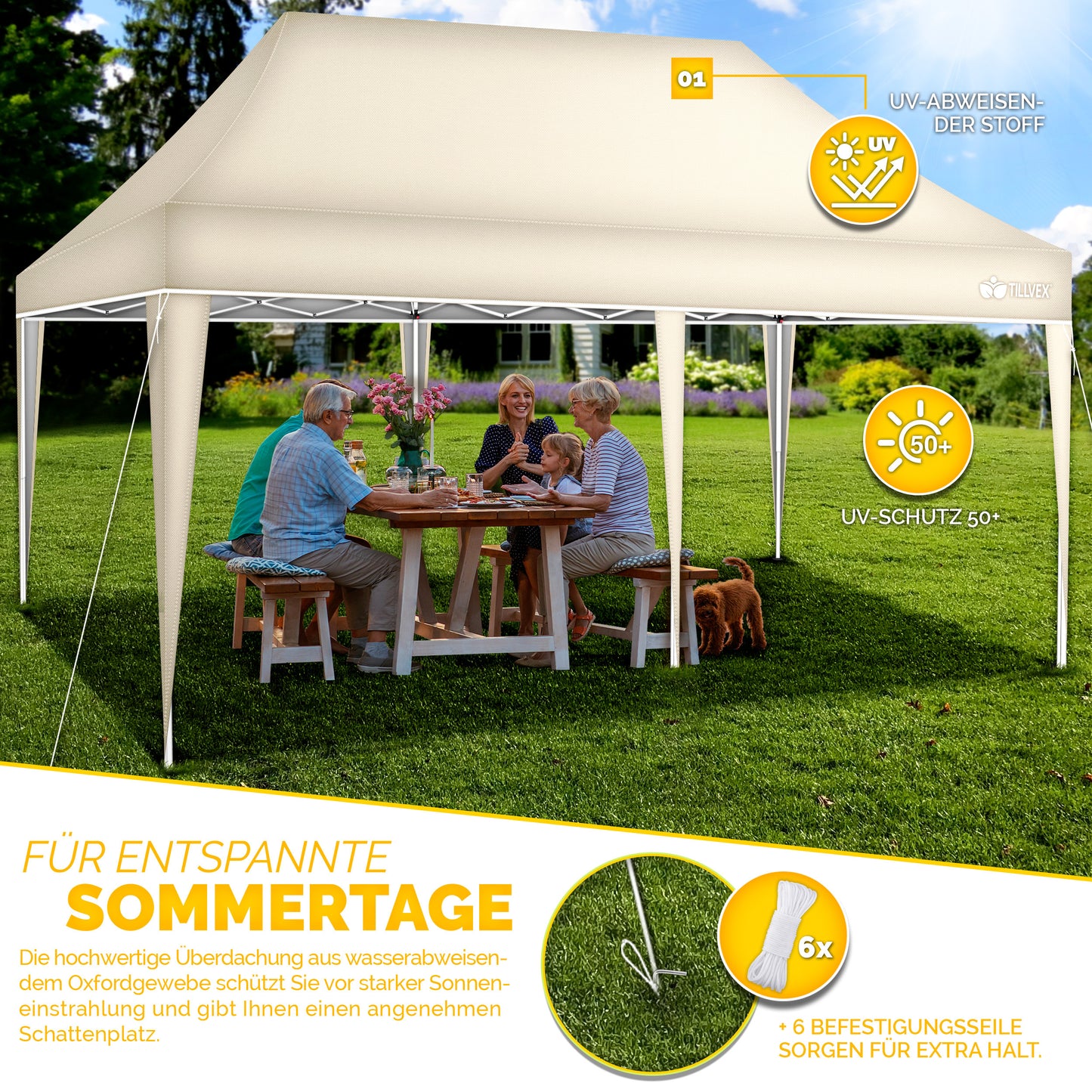 tillvex® Pavillon 3x6m Faltbar + 6x Sandsäcke | Pop-Up Faltpavillon Höhenverstellbar, Winterfest | Gartenzelt Stabil mit und ohne Seitenwänden UV Schutz 50+ | Partyzelt Wasserdicht mit Tasche für Garten