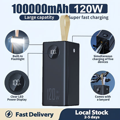 Tragbare Powerbank, 120W/100000mAh hohe Kapazität, LED-Stromanzeige, Umhängeband, zwei Ausgangsanschlüsse, tragbares Handy-Ladegerät, bidirektionales Schnellladen, lädt mehrere Geräte gleichzeitig, unverzichtbar für Reisen, Outdoor & Notstrom-Backup, Gesc