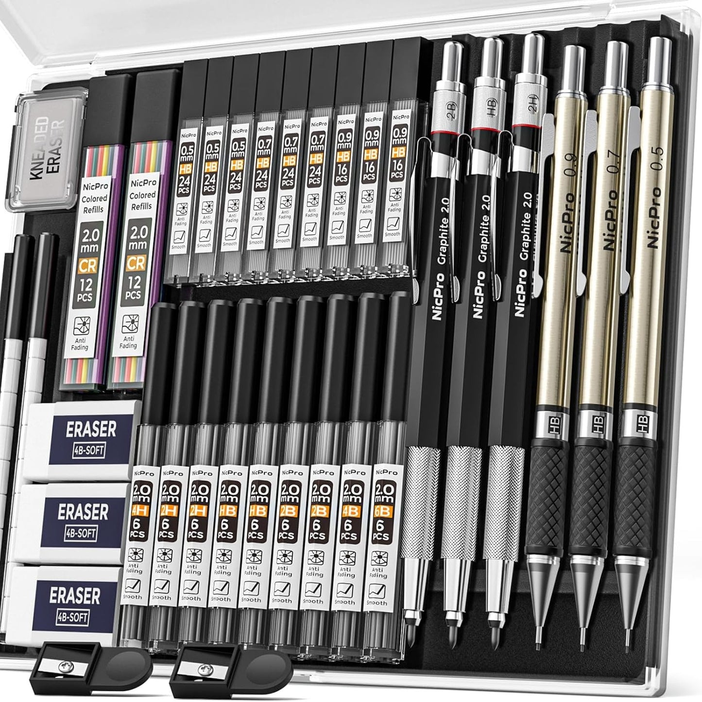 1 Set (35-tlg.) Künstler-Technikminenbleistift-Set, 3-tlg. technische Zeichenminen aus Metall 0,5 mm & 0,7 mm & 0,9 mm & 3-tlg. 2-mm-Minenhalter (6B 4B 2B HB 2H 4H Farben) zum Skizzieren  Zeichnen mit 20 Minen im Tubus  Etui