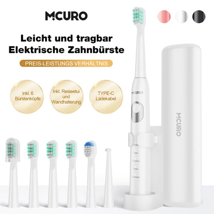 Sonic Elektrische Zahnbürste für Erwachsene mit intelligenten Modi & USB-aufladbar, Schallwellentechnologie geeignet für empfindliche Zähne & Zahnfleisch, weiche Borsten, 6 Bürstenköpfe, Reiseetui & Wandhalterung, geeignet für Reisen, Weihnachtsgeschenke
