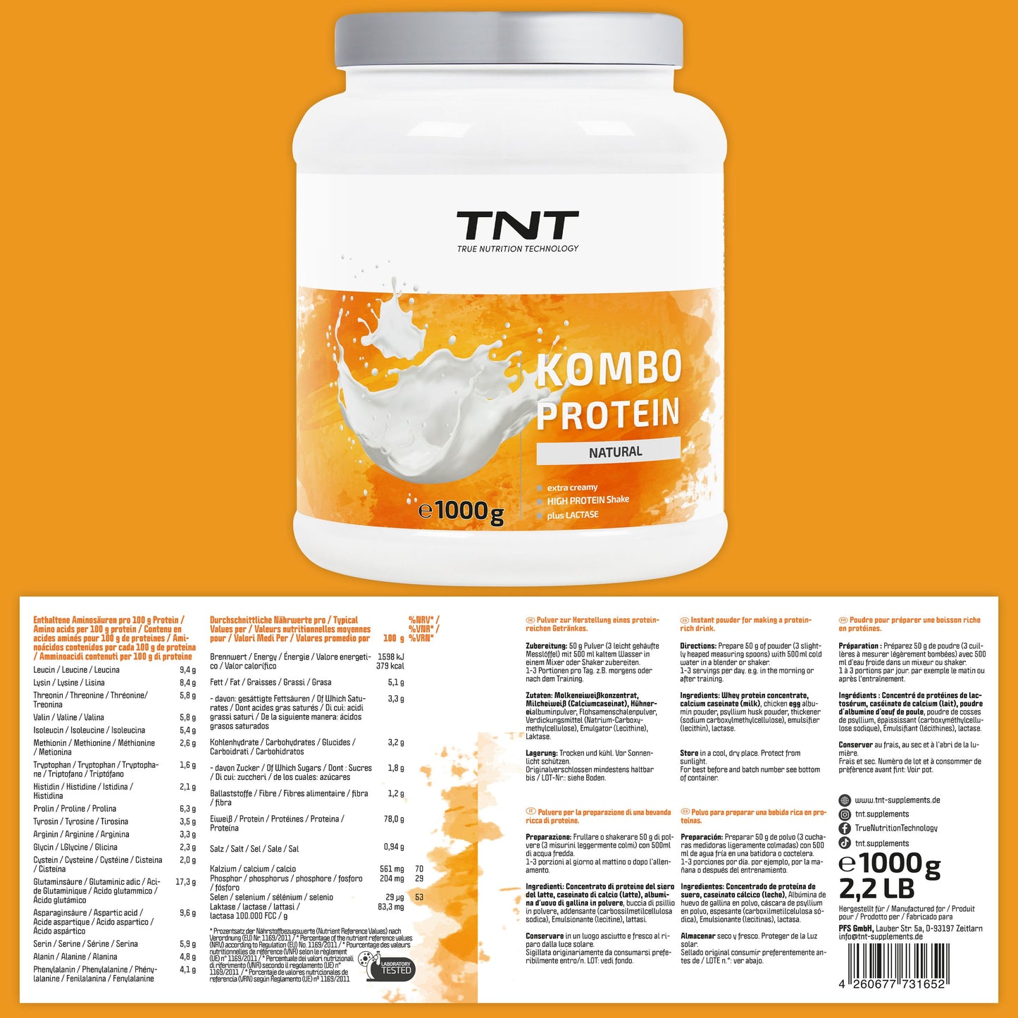 TNT Kombo Protein (1000g) • Protein Pulver mit 3 Eiweiß-Quellen • Extra cremig • Laktase und Flohsamenschalenpulver