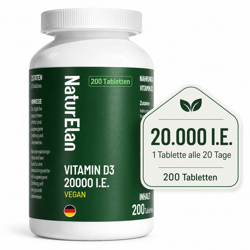 NaturElan Vitamin D3 20.000 I.E. – 200 Tabletten | 1 Tablette alle 20 Tage | Nahrungsergänzungsmittel mit Vitamin D3 | Vegan | Hergestellt in Deutschland | Laborgeprüft