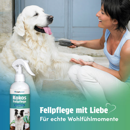 napfpower® Fellspray Hund mit Kokosduft (250 ml) | Fellpflege für Hunde | Entfilzungsspray & Glanzspray für einfache Kämmbarkeit | Fellspray für ein glänzendes Hundefell | Entwirrt verknotetes Fell & pflegt sanft