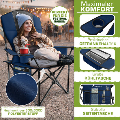 TRESKO® Campingstuhl Faltbar bis 200kg | Faltstuhl mit Kühltasche, Getränkehalter & Seitentasche | Klappstuhl XXL inkl. Tragetasche | Angelstuhl gepolstert für Outdoor, Angeln, Festival & Garten