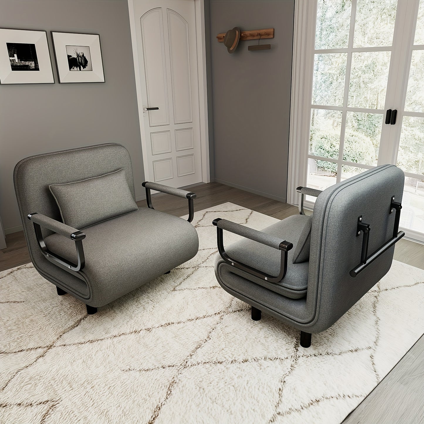 Fabulcozy 5-in-1 Konvertierbarer Stuhlbett, Klappbarer Schlafsessel mit Metall-Armlehnen, Verstellbarer Liegestuhl, Platzsparendes Aufbewahrungsmöbel, Wohnzimmersessel, Einfache Montage, Lokales Lager