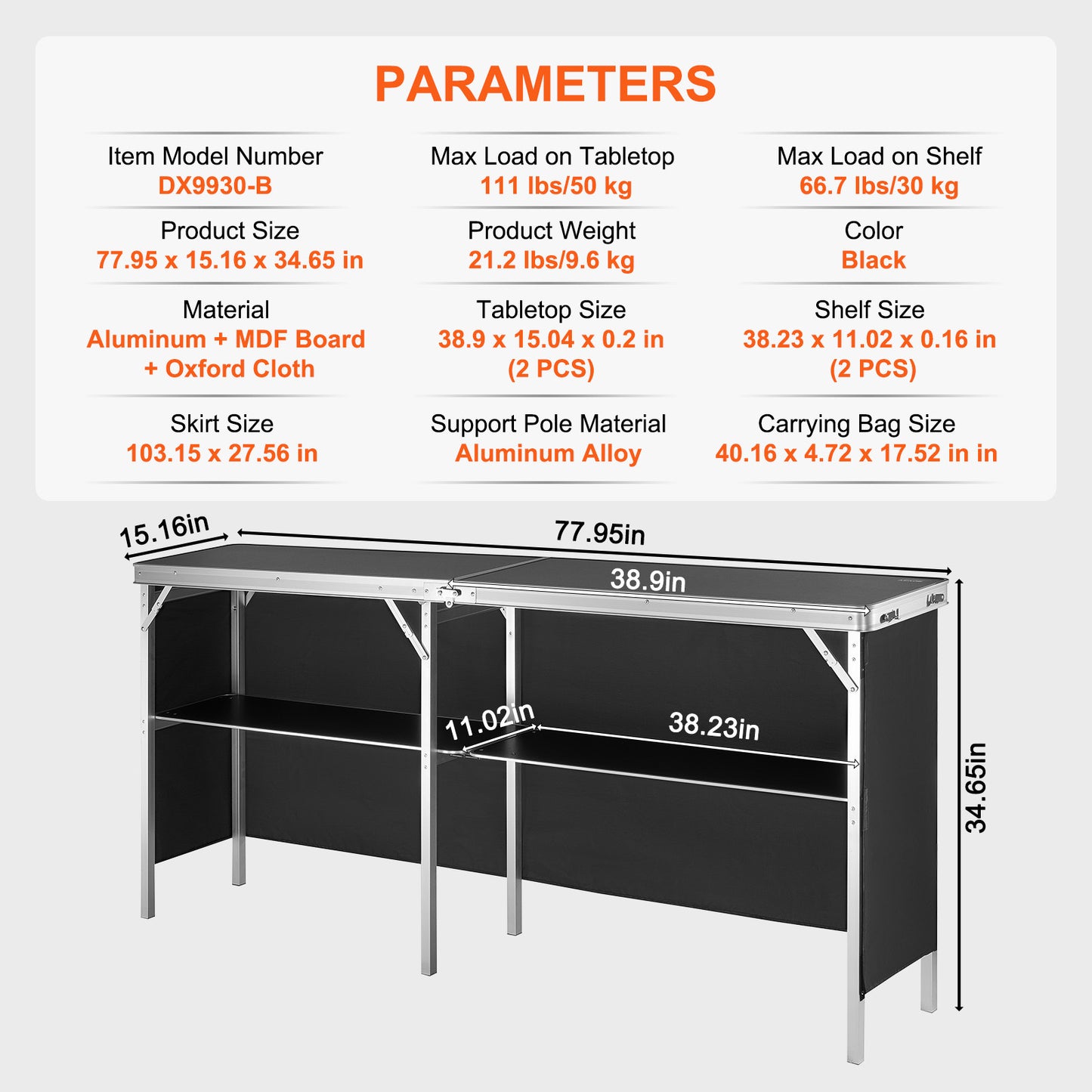VEVOR Tragbares Podiumstisch-Set für Messen, 77.95" x 15.16" x 34.65", Ausstellungs- und Präsentationsständer für Messen mit Wand, faltbarer Werbe- und Verkaufstisch mit Ablagefach und Tragetasche