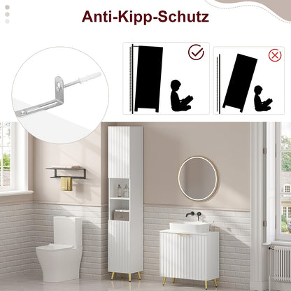 1 Stk. Hochschrank für das Badezimmer, 2-Türiger Badezimmerschrank, 2 Offene Fächer, Badezimmermöbel mit Verstellbaren Regalen, Badezimmeraufbewahrungsschrank, Weiß, 30 x 180 x 28cm