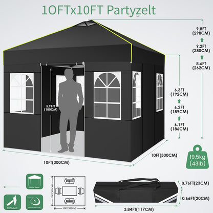 3x3m Ein-Person-Pop-Up-Markise mit 4 abnehmbaren Seitenwänden, 3 verstellbaren Höhen, Belüftungsöffnungen  reflektierenden Streifen, robust  langlebig, inklusive Tragetasche, kommerzielles Partyzelt für Veranstaltungen, Outdoor-Stände