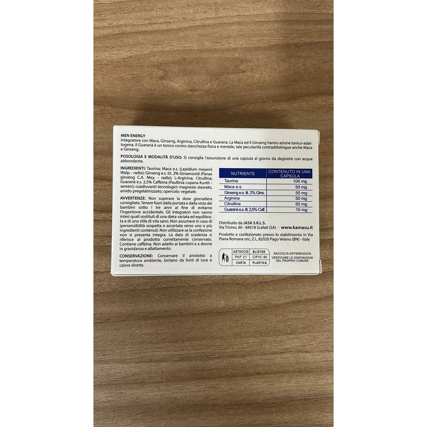 Nahrungsergänzungsmittel für Männer mit Taurin, peruanischem Maca, Arginin, Ginseng, Citrullin, Guarana - 60 Kapseln - Hergestellt in Italien