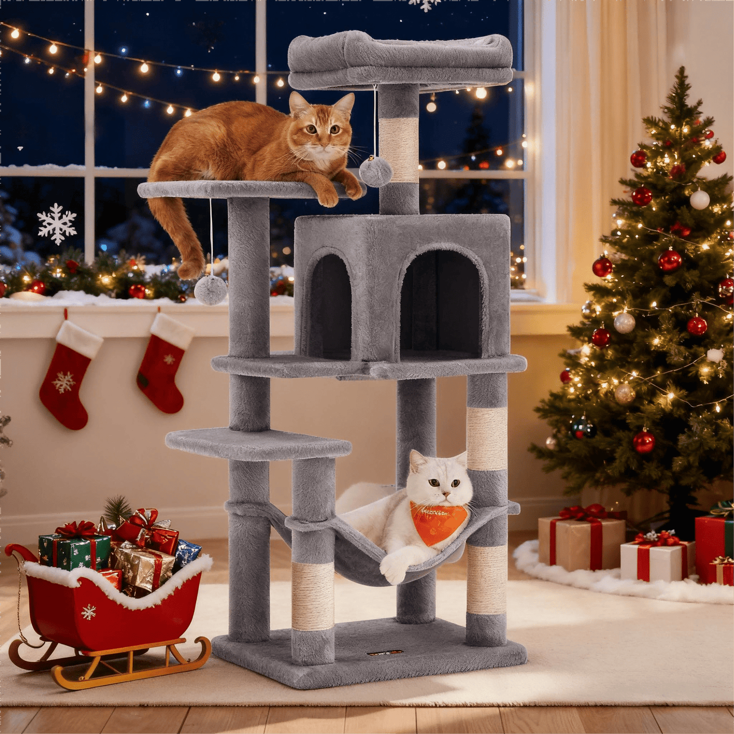 Kratzbaum, mehrstöckiger Katzenbaum mit Höhle, Hängematte und 4 Kratzstämmen