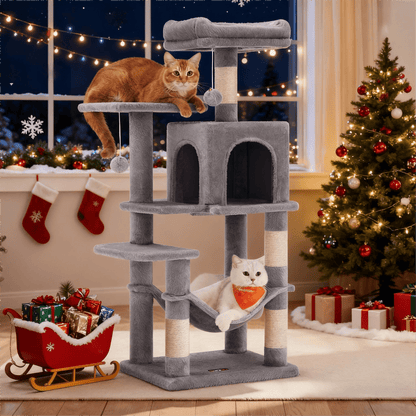 Kratzbaum, mehrstöckiger Katzenbaum mit Höhle, Hängematte und 4 Kratzstämmen