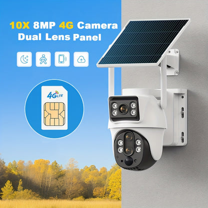 Solarbetriebene Außen-Sicherheitskamera mit SIM-Karte & 4G LTE - HD 8MP Dual-Lens, 10x Zoom, Bewegungsverfolgung/Menschenerkennung, Zwei-Wege-Sprechen, Vollfarb-Nachtsicht, für Heimüberwachung (Nein)