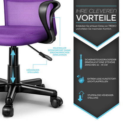 TRESKO® Bürostuhl mit Armlehnen stufenlos höhenverstellbar | Drehstuhl aus atmungsaktivem Mesh | Schreibtischstuhl mit Kunststoff-Leichtlaufrollen, gepolsterte Sitzfläche, ergonomische Passform | Computerstuhl ideal für Home-Office, Jugendzimmer, Büro
