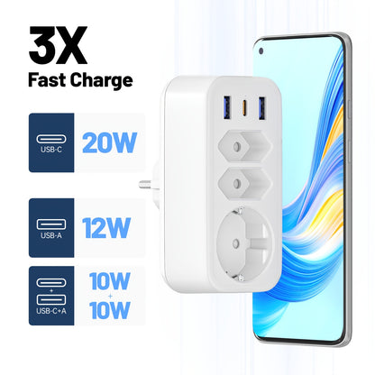 6-in-1 Multifunktions-Steckdosenleiste, 3 AC-Steckdosen + 2 USB-A + 1 USB-C Anschlüsse (20W PD Schnellladung), Kompaktes Design mit Überspannungsschutz, Ideal für Reisen, Büro, Wohnzimmer, Schlafzimmer und verschiedene tägliche Szenarien