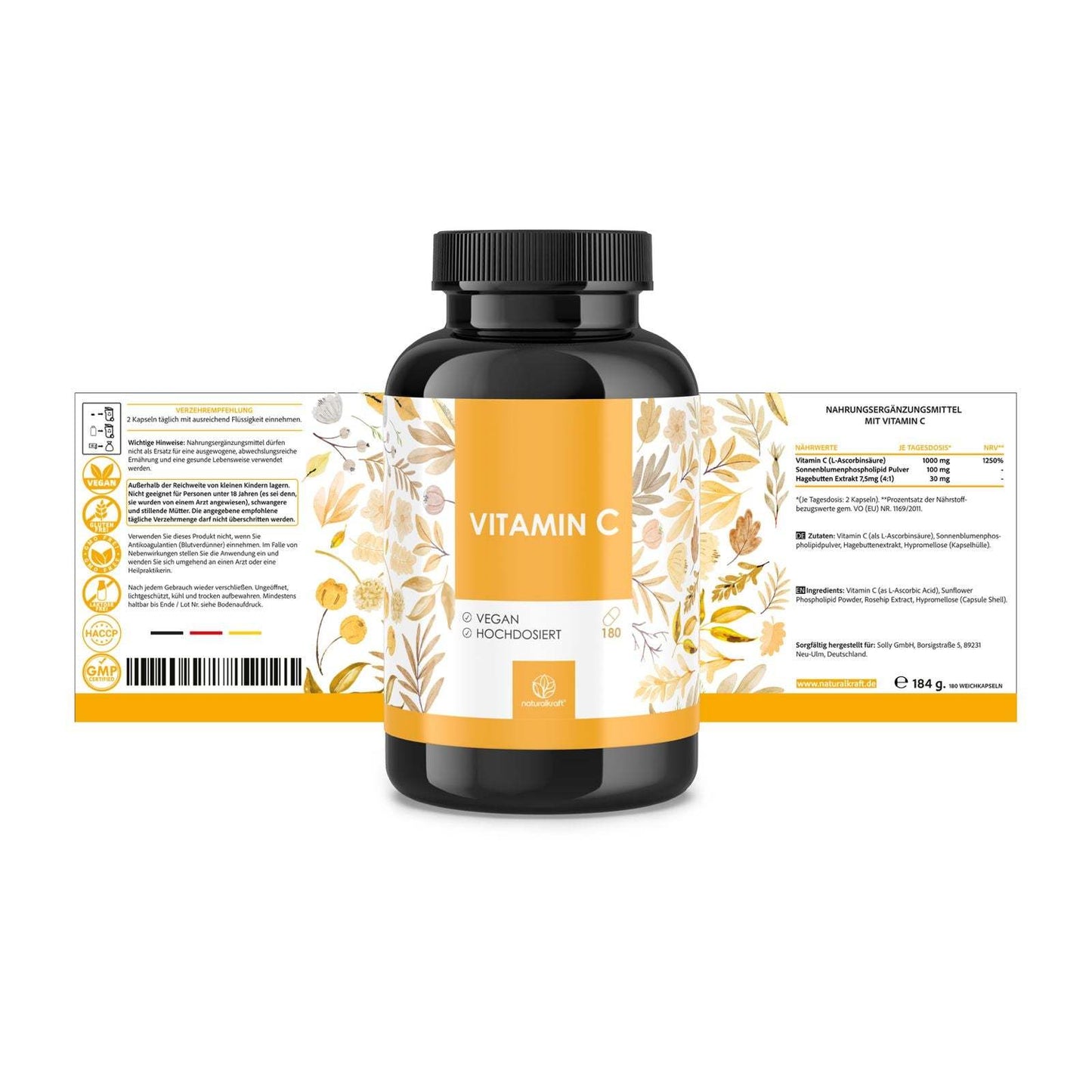 NATURALKRAFT® Premium Vitamin C 1000 mg pro Tagesdosis mit Sonnenblumenphospholipid Pulver und Hagebutten-Extrakt – 180 vegane Kapseln – Höhere Bioverfügbarkeit, Laborgeprüft und Ohne Zusätze