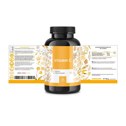 NATURALKRAFT® Premium Vitamin C 1000 mg pro Tagesdosis mit Sonnenblumenphospholipid Pulver und Hagebutten-Extrakt – 180 vegane Kapseln – Höhere Bioverfügbarkeit, Laborgeprüft und Ohne Zusätze