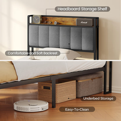 Stilvolles gepolstertes Holzbett mit Metallrahmen, elegantes Doppelbett mit Lattenrost  stützendem Kopfteil – Perfekt für jedes Schlafzimmer (Dunkelgrau, Grau)