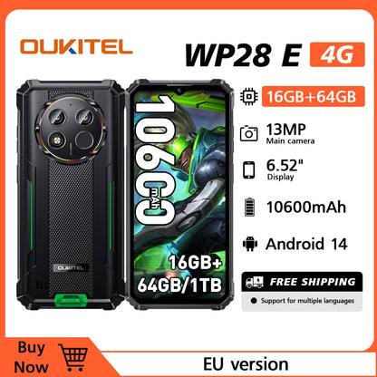 OUKITEL WP28E (2024) Handy – 16 GB RAM + 64 GB ROM (TF 1 TB), Android 14, 10600 mAh, 6,52 HD-Zoll, 13 MP + 5 MP Kamera, 4G Dual-SIM/OTG/IP68/IP69K/GPS/NFC