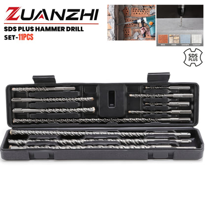 11-tlg. SDS PULS Bohrhammer-Bit-Set, SDS Plus Beton-Mauerwerk-Bohrer für Beton, Stein, Ziegel, mit tragbarem Aufbewahrungskoffer 110mm/160mm/210mm/450mm langer Bohrer
