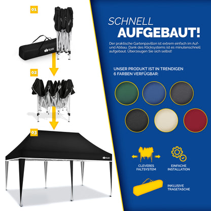 tillvex® Pavillon 3x6m Faltbar + 6x Sandsäcke | Pop-Up Faltpavillon Höhenverstellbar, Winterfest | Gartenzelt Stabil mit und ohne Seitenwänden UV Schutz 50+ | Partyzelt Wasserdicht mit Tasche für Garten