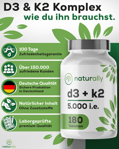 Vitamin D3 K2 Tabletten [180 Stück] – hochdosiert, 5000 I.E. Vitamin D pro Tablette, vegan, ohne Zusätze von naturally