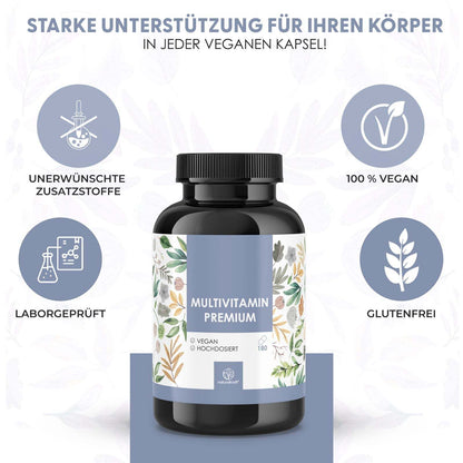 NATURALKRAFT® Premium Multivitamin – Hochdosierter A-Z Komplex 180 vegane Kapseln mit essenziellen Vitaminen und Mineralstoffen, darunter Vitamin C, D3, B12, Zink, Magnesium und OPC - Laborgeprüft