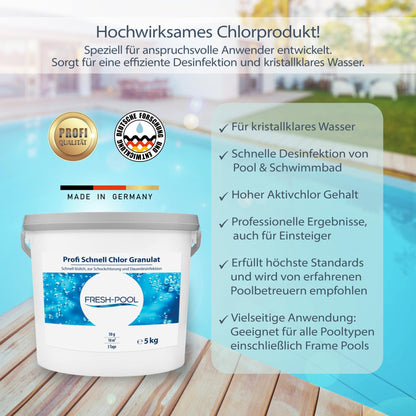 Fresh-Pool Profi Schnell Chlor Granulat, 56% Aktivchlor, 5 kg incl. Dosierbecher - Pool Chlor Granulat | Clorgranulatpool 5kg | Chlorgranulat für Pool