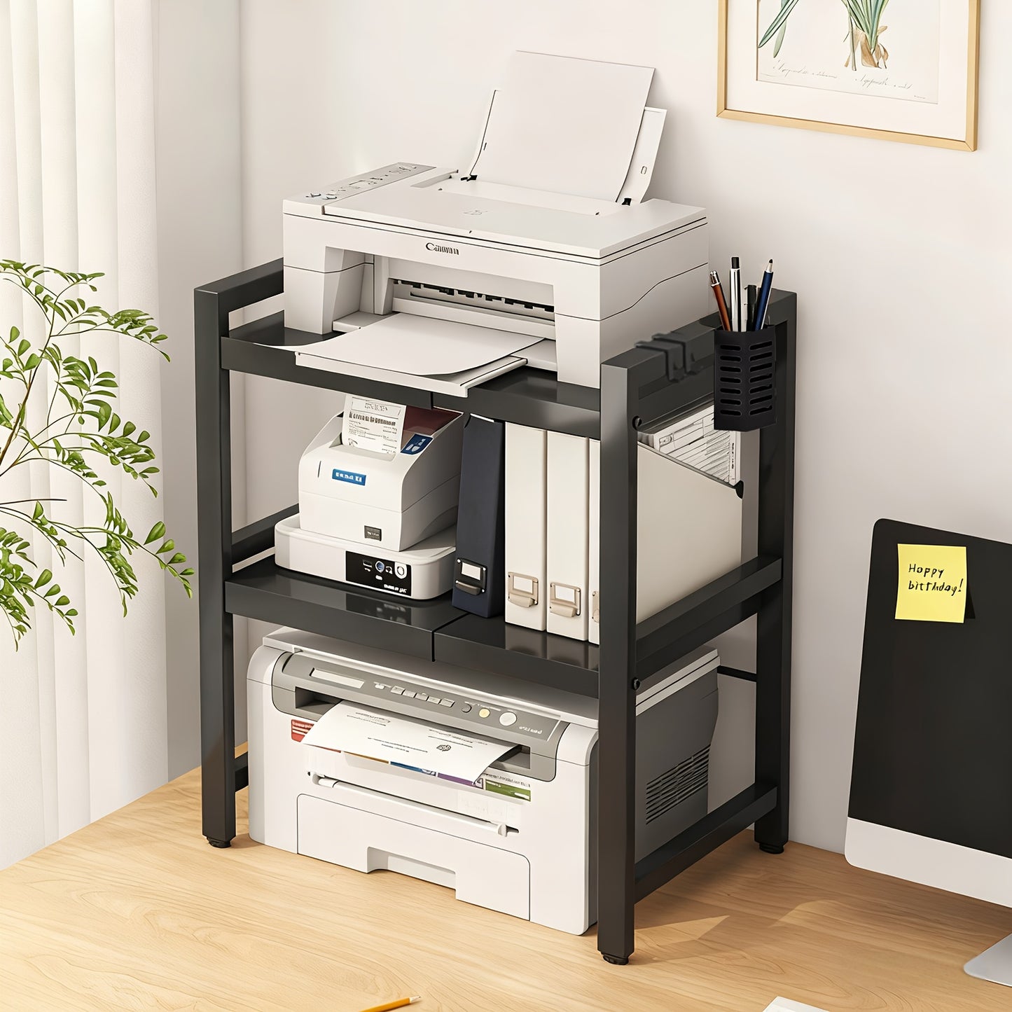 2-stöckiger/3-stöckiger Druckerständer mit zwei Haken, Stifthalter-Aufbewahrung, erweiterbarer Ständer, Büro Faxgerät Desktop Organizer, Monitorständer, Desktop Aufbewahrungsregal für Home Office, Kopierer (Weiß, Schwarz)