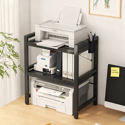 2-stöckiger/3-stöckiger Druckerständer mit zwei Haken, Stifthalter-Aufbewahrung, erweiterbarer Ständer, Büro Faxgerät Desktop Organizer, Monitorständer, Desktop Aufbewahrungsregal für Home Office, Kopierer (Weiß, Schwarz)