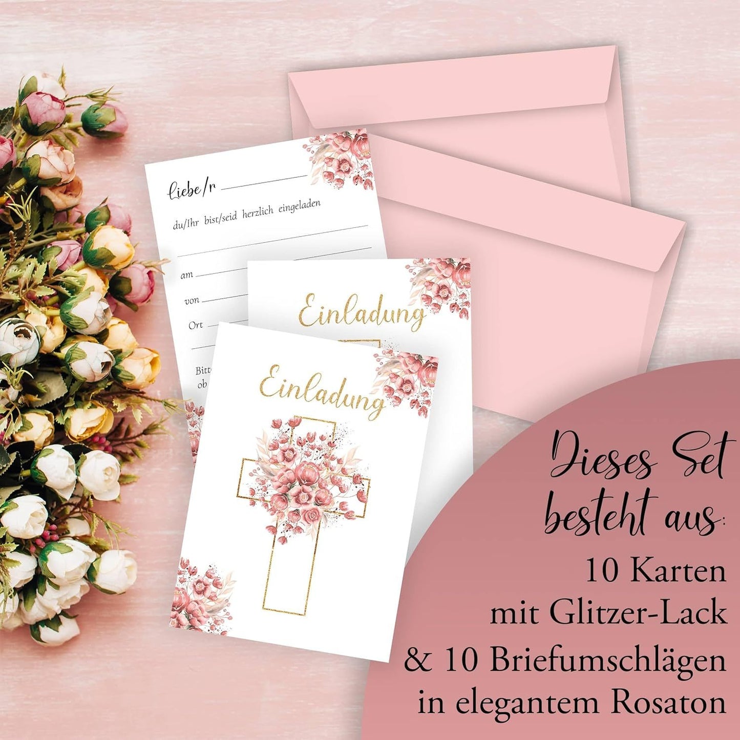 10 Einladungskarten mit Umschlag Einladung Glitzer zweiseitig Karten stilvoll kreuz Aquarell zart zur Taufe Kommunion Konfirmation Firmung Rosen Rosa Weiß Mädchen zum selbst gestalten Glitzer
