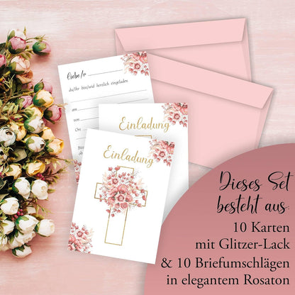 10 Einladungskarten mit Umschlag Einladung Glitzer zweiseitig Karten stilvoll kreuz Aquarell zart zur Taufe Kommunion Konfirmation Firmung Rosen Rosa Weiß Mädchen zum selbst gestalten Glitzer