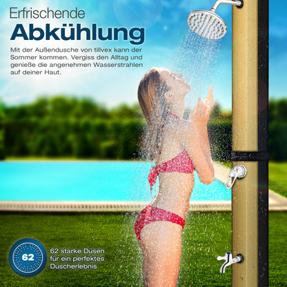 tillvex® Solardusche 20 - 60 Liter inkl. Abdeckung Solar Gartendusche Solar für draußen Pooldusche Komplettset warmes Wasser Camping ohne Stromanschluss mit Wasserhahn Gartenschlauch-Anschluss