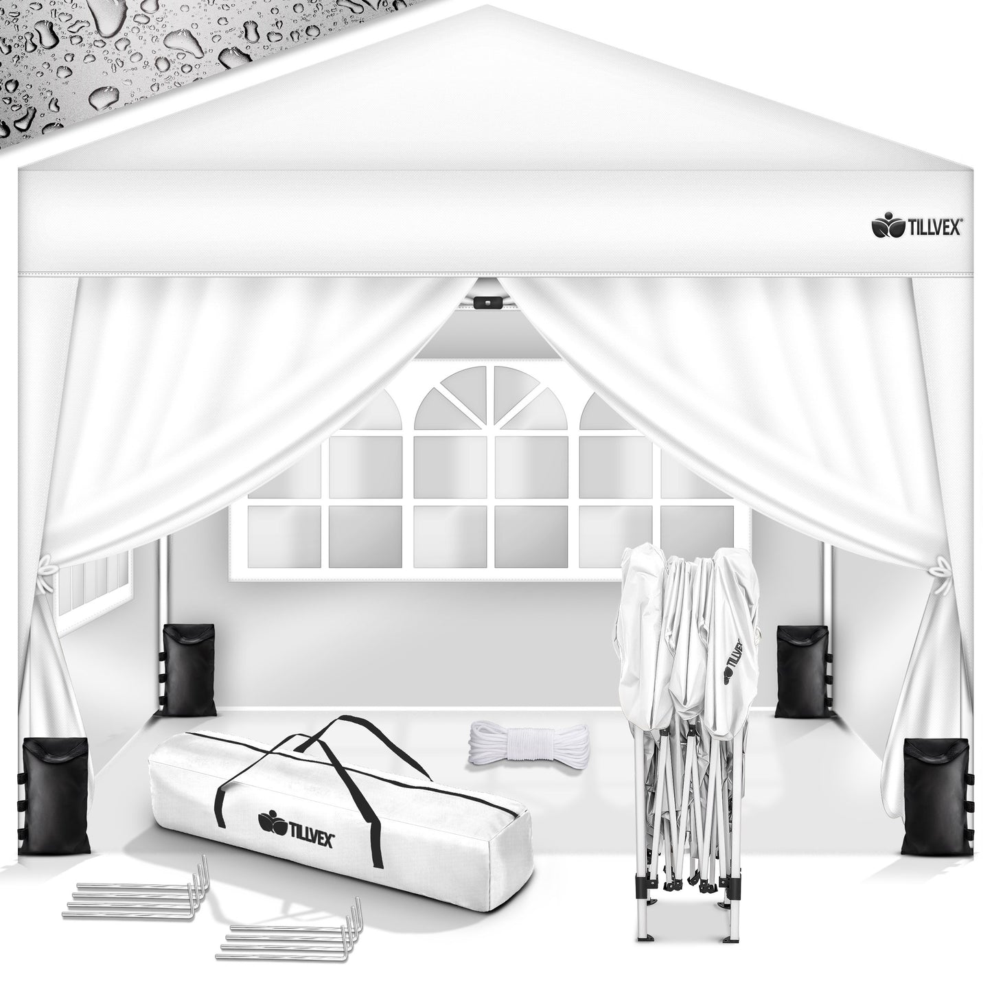 tillvex® Pavillon 3x3m Faltbar + 4er Set Sandsäcke | Pop-Up Faltpavillon Wasserdicht Stabil & Höhenverstellbar | Gartenzelt UV Schutz 50+ | Partyzelt Winterfest mit Tasche für Draußen Garten Camping