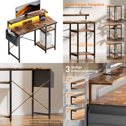 FRODROVIA Computertisch mit LED-Beleuchtung & höhenverstellbarem Ablagefach, Schreibtisch mit Monitorständer, Ecktisch mit großer Aufbewahrungstasche für Homeoffice, Studium, Weihnachts-/Thanksgiving-Geschenke