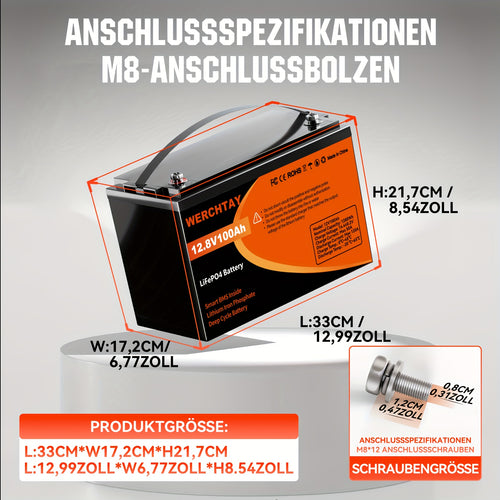 WERCHTAY 12,8V 100/200/300Ah LiFePO4 Batterie 1280/2560/3840Wh Lithium-Batterie mit integriertem intelligentem BMS, bis zu 25000 Zyklen, höhere Energiedichte, perfekt für Wohnmobil, Van, Anhänger, Boot, netzunabhängig, Solarstromsystem, Marine – Frühbuche