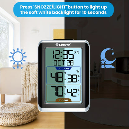 GEEVON Kabelloses Digitales Thermometer & Hygrometer mit Uhr - Innen-/Aussenbereich, Dual Skala (Fahrenheit/Celsius), Hochpräziser Temperatur- und Feuchtigkeitsmonitor, Wandmontage möglich