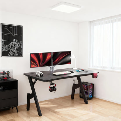 Furnishia A-förmiger Gaming-Schreibtisch mit Carbonfaser-Tischplatte & Mauspad – Breiter ergonomischer Computertisch für PC, Büroarbeitsplatz, Streaming/YouTube-Setup – Becherhalter & Kopfhörerhaken, Montage, Schwarz