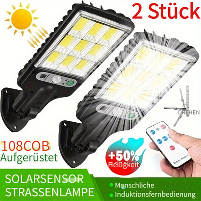 2er-Pack Solar-Straßenlaterne, 108 COB Wandleuchte mit Fernbedienung, Outdoor-Bewegungsmelder LED-Gartenlicht mit 3 Beleuchtungsmodi, Solarsensor Straßenbeleuchtung für Gartemauer Terrasse Hof Wege