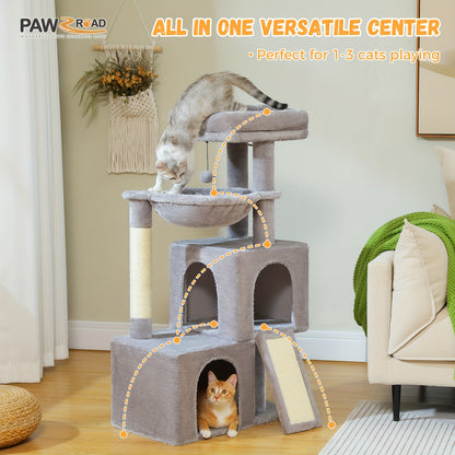 PAWZ ROAD Kratzbaum für Hauskatzen 104cm mit 2 Geräumigen Höhlen, Katzenhaus mit Bequemer Hängematte, Gepolsterter Sitzstange und Abnehmbarem Spielball